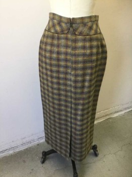Womens, 1930s Vintage, Suit, Piece 3, N/L, Multi-color, Sage Green, Red Burgundy, Brown, Slate Blue, Wool, Plaid-  Windowpane, W:27, Thick/Scratchy Wool, 1" Wide Self Waistband, Curved Stylized Seams at Either Side of Front with Black Piping Detail, Merge Out to Form Kick Pleats at Either Side of Front Hem, Straight Fit, Hem Mid-calf, Made To Order **There are 2 Skirts As Part of this Suit
