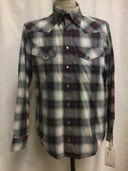 Mens, Western, CINCH, White, Beige, Teal Blue, Plum Purple, Cotton, Polyester, Plaid, XL, White/beige/teal Blue/plum Plaid, Snap Front, Collar Attached, Long Sleeves, 2 Flap Pockets