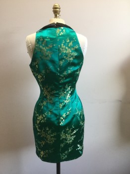 N/L, Emerald Green, Black, Gold, Synthetic, Floral, Emerald Green Satin with Gold Chines Floral Brocade. Wide Black Lapel Collar on Halter Neck. Sleeveless
