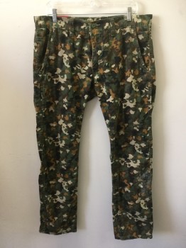 JORDAN CRAIG, Olive Green, Black, Brown, Amber Yellow, Tan Brown, Cotton, Camouflage, Olive, Black, Brown, Amber, Tan, Khaki Camouflage Print, Jean Cut, Zip Front, 5 Pockets (holes/aged on Left Knee)