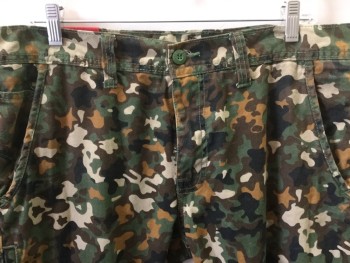 JORDAN CRAIG, Olive Green, Black, Brown, Amber Yellow, Tan Brown, Cotton, Camouflage, Olive, Black, Brown, Amber, Tan, Khaki Camouflage Print, Jean Cut, Zip Front, 5 Pockets (holes/aged on Left Knee)