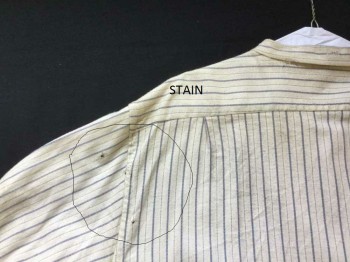 DARCY, Cream, Blue, Cotton, Stripes, Working Class. Cotton Flannel with Blue Stripe., 4 Buttons Placket with Button Holes at Narrow Collar Band. Long Sleeves with Cuffs. Aged. Some Dark Stains at Left Shoulder Front, Front Placket, and at Back of Left Arm at Armhole Seam,