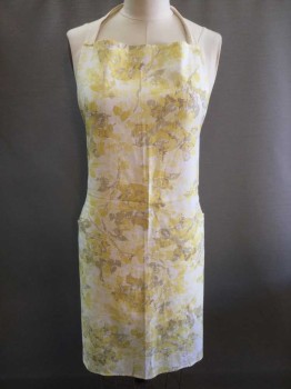 N/L, White, Yellow, Taupe, Cotton, Floral, 2 Diagonal Pockets, Twill Tape Tie Neck and Back Waist