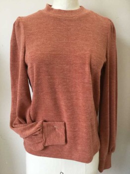 Womens, Pullover, MADEWELL, Burnt Orange, Polyester, Viscose, Heathered, XS, High Crew Neck, Pleats at Shoulders and Wrist Cuffs