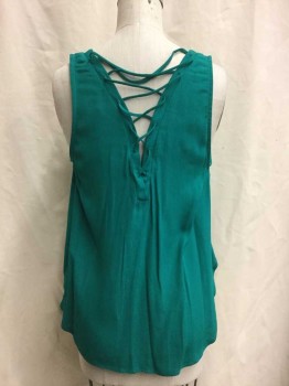 ELODIE, Teal Green, Rayon, Solid, Teal Green, V-neck, Sleeveless, Lace Up V Back