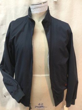 Mens, Casual Jacket, BROOKS BROTHERS, Slate Blue, White, Baby Blue, Cotton, Linen, Solid, Stripes - Vertical , L, (DOUBLE) Slate Blue, White with Blue Vertical Stripes Lining, Collar Attached with Zipper, Zip Front, 2 Pockets, Long Sleeves, Ribbed Knit Cuffs & Hem