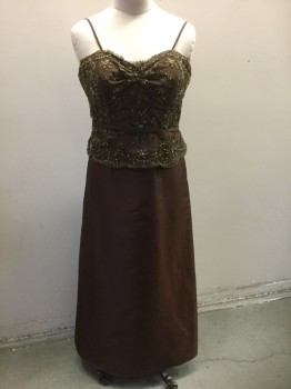 BELLA FORMALS, Brown, Beige, Polyester, Beaded, Floral, Solid, Brown Taffeta, Beige Floral Appliqués at Bodice with Brown and Clear Seed Beads, Spaghetti Straps, 1/2" Wide Solid Brown Belt Attached at Waist with Bow at Center Front, Bottom/Skirt is Solid Brown, Floor Length