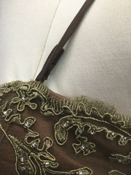 BELLA FORMALS, Brown, Beige, Polyester, Beaded, Floral, Solid, Brown Taffeta, Beige Floral Appliqués at Bodice with Brown and Clear Seed Beads, Spaghetti Straps, 1/2" Wide Solid Brown Belt Attached at Waist with Bow at Center Front, Bottom/Skirt is Solid Brown, Floor Length
