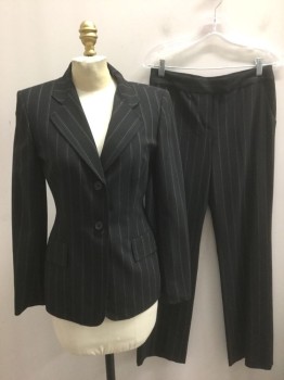Womens, Suit, Jacket, ANNE KLEIN, Black, Lt Gray, White, Polyester, Rayon, Stripes - Pin, 2, Black with Light Gray and White Vertical Pinstripes, Single Breasted, Notched Lapel, 2 Buttons, 2 Pockets, Shoulder Pads