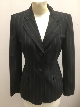 ANNE KLEIN, Black, Lt Gray, White, Polyester, Rayon, Stripes - Pin, Black with Light Gray and White Vertical Pinstripes, Single Breasted, Notched Lapel, 2 Buttons, 2 Pockets, Shoulder Pads