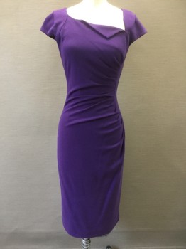 Womens, Dress, Short Sleeve, L.K. BENNETT, Purple, Polyester, Viscose, Solid, 2, Crepe, Cap Sleeves, Asymmetric Angled Neckline with Pointed Flap at Front, Ruched at Seam Along Side Front, Knee Length, Invisible Zipper at Center Back