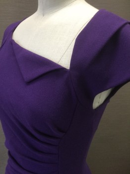 Womens, Dress, Short Sleeve, L.K. BENNETT, Purple, Polyester, Viscose, Solid, 2, Crepe, Cap Sleeves, Asymmetric Angled Neckline with Pointed Flap at Front, Ruched at Seam Along Side Front, Knee Length, Invisible Zipper at Center Back