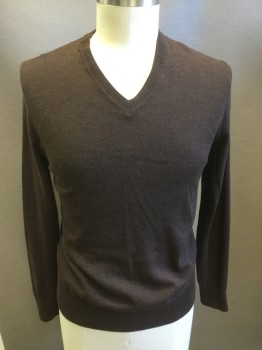Mens, Pullover Sweater, BANANA REPUBLIC, Brown, Wool, Solid, L, Heathered Brown, V-neck,