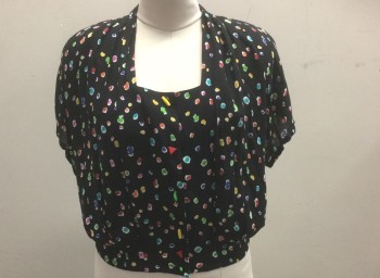 CAROLE LITTLE, Black, Multi-color, Rayon, Abstract , Irregular Spots with White Outlines, Crepe, Dolman Short Sleeves, Shoulder Pads, Square Neck, Button Front with Multicolor Funky Shape Buttons, Elastic Waist,