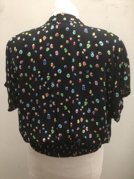 Womens, Top, CAROLE LITTLE, Black, Multi-color, Rayon, Abstract , B:36, Irregular Spots with White Outlines, Crepe, Dolman Short Sleeves, Shoulder Pads, Square Neck, Button Front with Multicolor Funky Shape Buttons, Elastic Waist,