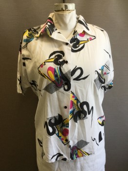 Womens, Top, HOT STUFF, White, Black, Fuchsia Pink, Yellow, Blue, Cotton, Novelty Pattern, L, Squiggles and Shapes, Button Front, Collar Attached, Short Sleeves, Gathered at Front Shoulder Seams