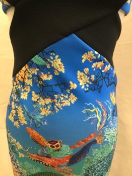 MARY KATRANTZOU, Black, Turquoise Blue, Yellow, Orange, Brown, Synthetic, Spandex, Animal Print, Blue Sky with Flying Bird/monkeys Floral Print with 3" Black Straps & Criss-cross Front, Deep V-neck, Cut Out Back, Side Zip