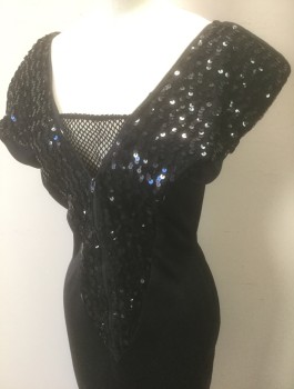 Womens, Cocktail Dress, CLIMAX DAVID HOWARD, Black, Polyester, Sequins, Solid, W:30, B:36, Stretch Material, Black Sequinned Triangular Panel at Front, Heavily Padded Shoulders, Sleeveless, V-neck with Fishnet Panel, Center Front Zipper, Knee Length, Form Fitting, Club Dress/ Clubwear,