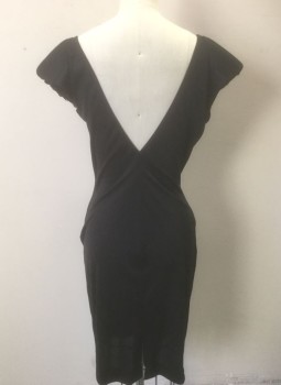 Womens, Cocktail Dress, CLIMAX DAVID HOWARD, Black, Polyester, Sequins, Solid, W:30, B:36, Stretch Material, Black Sequinned Triangular Panel at Front, Heavily Padded Shoulders, Sleeveless, V-neck with Fishnet Panel, Center Front Zipper, Knee Length, Form Fitting, Club Dress/ Clubwear,