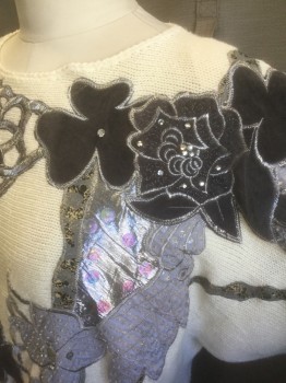 BONNIE AND BILL, White, Gray, Silver, Ramie, Cotton, Floral, Abstract , Knit, Gray and Silver Textured Floral Appliqués, with Silver Rhinestones and Clear Sequins, 3/4 Sleeves, Bateau/Boat Neck, Pullover, **Barcode on Left Side ***Has Stains in Back