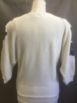 Womens, Sweater, BONNIE AND BILL, White, Gray, Silver, Ramie, Cotton, Floral, Abstract , L, Knit, Gray and Silver Textured Floral Appliqués, with Silver Rhinestones and Clear Sequins, 3/4 Sleeves, Bateau/Boat Neck, Pullover, **Barcode on Left Side ***Has Stains in Back