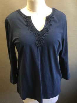 Womens, Top, TOMMY BAHAMA, Navy Blue, Cotton, Polyester, Solid, Medium, Long Sleeves, Pullover, V-neck, Self Looping Embroidery,