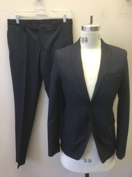 ZARA MAN, Navy Blue, White, Polyester, Viscose, Stripes - Pin, Navy with Dotted Pinstripes, Single Breasted, Notched Lapel, 2 Buttons, 3 Pockets, Slim Fit