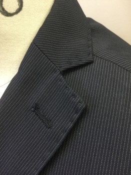 ZARA MAN, Navy Blue, White, Polyester, Viscose, Stripes - Pin, Navy with Dotted Pinstripes, Single Breasted, Notched Lapel, 2 Buttons, 3 Pockets, Slim Fit