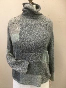 Womens, Sweater, SIGRID OLSEN SPORT, Lt Gray, Aqua Blue, Gray, Ramie, Cotton, Color Blocking, B42, XL , Turtleneck, Long Sleeves, Mohair, Different Color Knit and Purl Squares