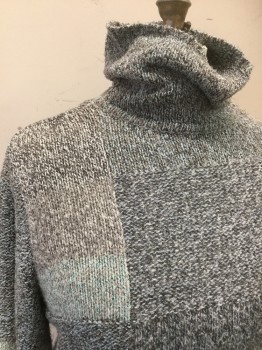 SIGRID OLSEN SPORT, Lt Gray, Aqua Blue, Gray, Ramie, Cotton, Color Blocking, Turtleneck, Long Sleeves, Mohair, Different Color Knit and Purl Squares