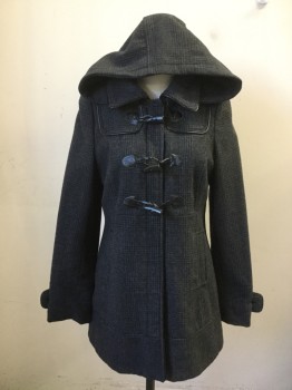 GUESS, Gray, Black, Wool, Polyester, Plaid, Zip Front with 3 Black Toggle Loops, Collar Attached, 2 Pockets, Button Detachable Hood, Long Sleeves, Tab Button Cuff Detail, Black Patent Leather Piping, Self Button Tab Back Waist