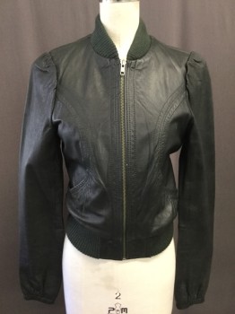 Womens, Casual Jacket, DIVIDED, Black, Faux Leather, Solid, 4, Zip Front, Rib Knit Collar/waist, Slit Pockets