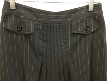 DOLCE & GABBANA, Charcoal Gray, Baby Blue, Black, Lt Brown, Dk Brown, Wool, Stripes - Vertical , Animal Print, Skirt, Very Dark Charcoal with Baby Blue Vertical Stripes, with Multi Brown Leopard Print Lining, 1.5" Waist Band, 2 Pockets Flap, Black Vertical Pleat Panel Front Center, Zip Front,