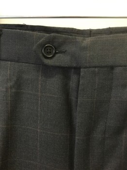 CARLO SCOTTI, Charcoal Gray, Brown, Wool, Grid , Charcoal Microcheck with Brown Thin Grid Stripes, Double Pleated, Button Tab Waist, Zip Fly, 4 Pockets, Straight Leg