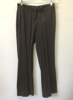 Womens, Suit, Pants, HOLT RENFREW, Dk Brown, Rust Orange, Cream, Wool, Viscose, Stripes - Pin, H:38, W:28, Dark Brown with Rust and Cream Pinstripes, Mid Rise, Slightly Flared Leg, Zip Fly, Tab Waist, 2 Side Pockets