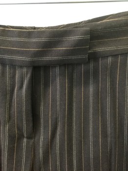Womens, Suit, Pants, HOLT RENFREW, Dk Brown, Rust Orange, Cream, Wool, Viscose, Stripes - Pin, H:38, W:28, Dark Brown with Rust and Cream Pinstripes, Mid Rise, Slightly Flared Leg, Zip Fly, Tab Waist, 2 Side Pockets
