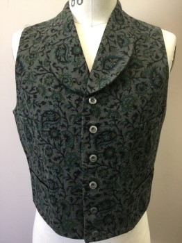 Mens, Historical Fiction Vest, MTO, Putty/Khaki Gray, Green, Black, Yellow, Wool, Silk, Floral, 38, Wool Floral/Paisley Front, Button Front, Rounded Shawl Collar, 4 Pockets, Shiny Green/Red Solid Silk Back with Self Belt
