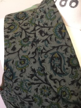 MTO, Putty/Khaki Gray, Green, Black, Yellow, Wool, Silk, Floral, Wool Floral/Paisley Front, Button Front, Rounded Shawl Collar, 4 Pockets, Shiny Green/Red Solid Silk Back with Self Belt
