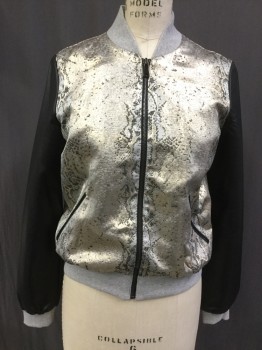 Womens, Casual Jacket, FBSISTER, Gold, Silver, Black, Gray, Polyester, Cotton, Reptile/Snakeskin, Color Blocking, XS, Bomber, Zip Front, Gray Heather Rib Knit Collar/Cuff/Waistband, Pleather Sleeves, 2 Pockets,