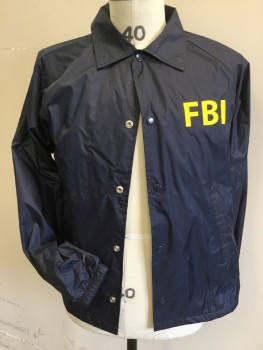 Unisex, Jacket, Windbreaker, AUGUSTA, Navy Blue, Nylon, Solid, S, (MULTIPLE)  Collar Attached, Solid White Lining, Snap Front, 2 Slant Pockets, Raglan Long Sleeves with Elastic Hem, with Yellow "FBI" Front & Back