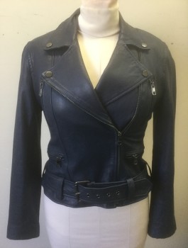 BANANA REPUBLIC, Navy Blue, Leather, Solid, Moto Jacket, Zip Front, Notched Collar, 4 Zip Pockets, Belt Loops, Self Belt Attached at Waist, Navy Lining