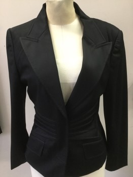 GUCCI, Black, Wool, Spandex, Solid, Peaked Lapel, 2 Button Front, Tuck Pleat Detail,(looks Like Whiskers)