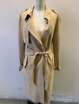 Womens, Coat, Trenchcoat, ZARA, Beige, Polyester, Elastane, Solid, S, Faux Suede, Open Front with No Closures, Notched Collar, Epaulets at Shoulders, Raw Edges, 2 Pockets, Belt Loops, **With Matching Sash Belt