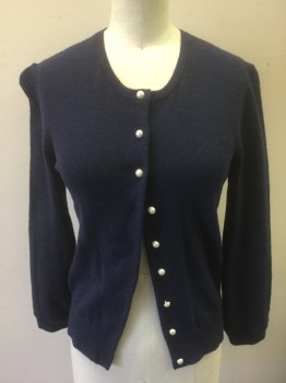MARC JACOBS, Navy Blue, Pearl White, Wool, Nylon, Solid, Slightly Pilled Texture Knit, 3/4 Sleeves, 9 Pearl Buttons at Front, Round Neck, Form Fitting, **Has Been Altered: Taken in at Sides