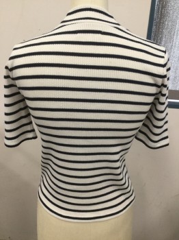 Womens, Top, MADEWELL , White, Navy Blue, Polyester, Cotton, Stripes, XS, Mock Turtle Neck,  Short Sleeves, Self Ribbed