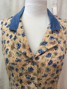 ALL THAT JAZZ, Butter Yellow, Blue, Green, Rayon, Floral, Solid, Sleeveless, Denim Panel on Notch Collar, Button Front, Ankle Length Maxi Dress,