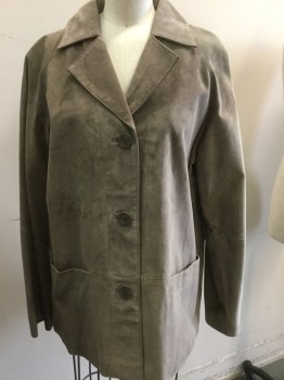 J JILL , Tan Brown, Gray, Suede, Solid, Button Front, Peaked Lapel, Slit Pockets