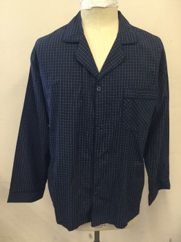 Mens, Sleepwear PJ Top, STAFFORD, Navy Blue, White, Lt Blue, Cotton, Polyester, Grid , XL, Pajama Top, Button Front, Collar Attached, Notched Lapel, Navy Piping, Long Sleeves, 1 Pocket