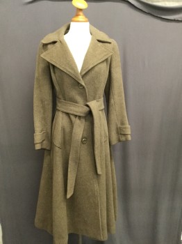 Womens, Trench Coat, NL, Brown, Wool, Solid, B 34, 7/8, Peaked Lapel, Button Front, Slit Pockets, Attached Belt, Epaulettes, Sleeve Straps