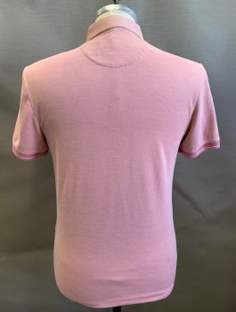 TED BAKER, Rose Pink, White, Modal, Polyester, 2 Color Weave, Jersey, Short Sleeves, Busy Geometric Pattern Button Down Collar, 4 Button Placket, Rib Knit Arm Openings